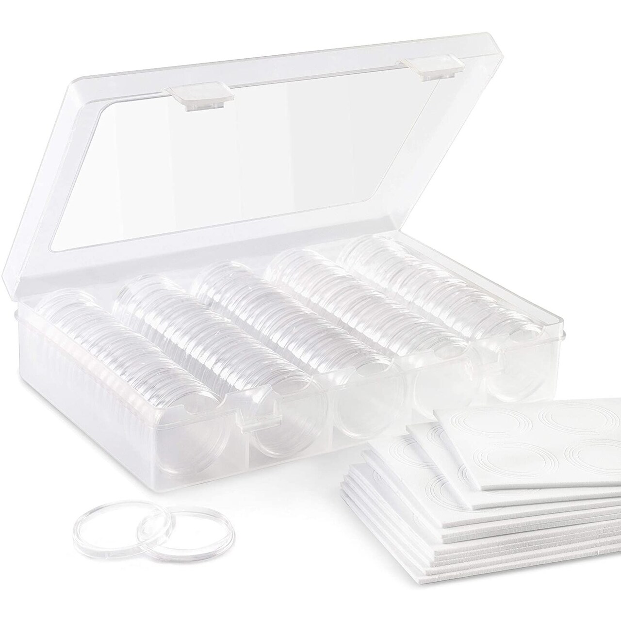100 Pieces Coin Collecting Starter Holders with Capsules and Storage Box (Clear)